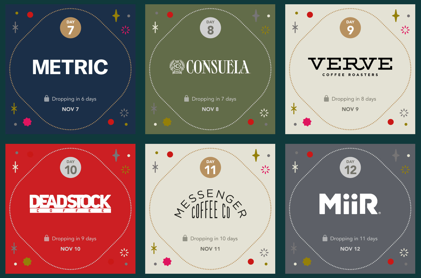 Calendar view of 12 days of drops to be revealed daily.