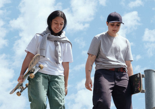 Two people wearing MiiR Apparel holding skateboards apparel-banner-1-mobile.jpg__PID:6b7814c3-19fa-4261-aafb-5206ccfd0f3a