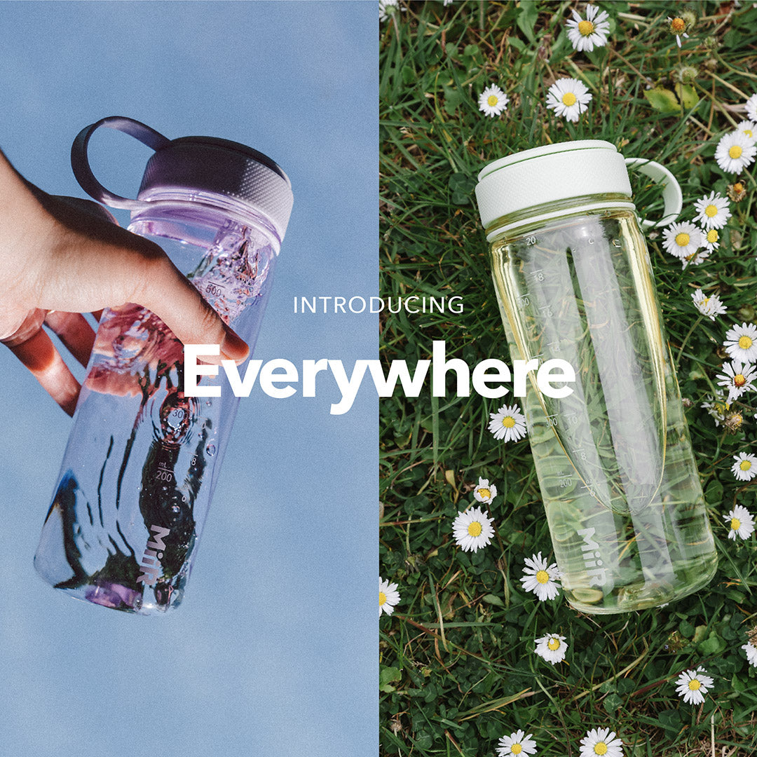 A split graphic image with the title Introducing Everywhere above two MiiR Everywhere Bottles