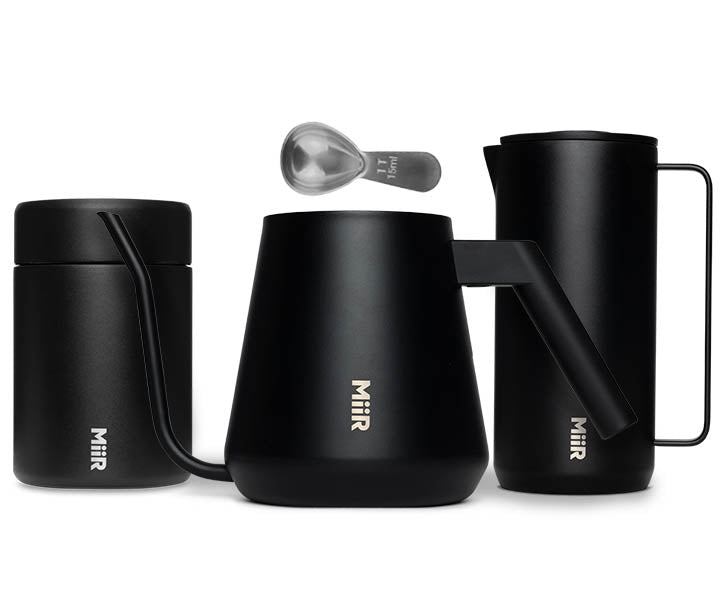 A bundle of 3 products, including a MiiR French Press, Pour-over Kettle and Coffee Canister