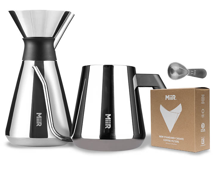 A bundle of 3 products, including a MiiR Carafe, Pour-over Kettle and Filters