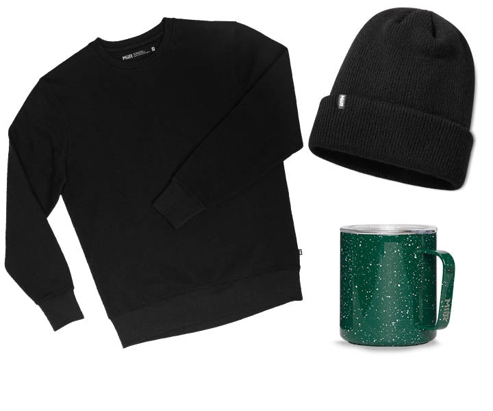 A bundle of 3 products, including a MiiR Everyday Sweatshirt, Beanie and Camp Cup