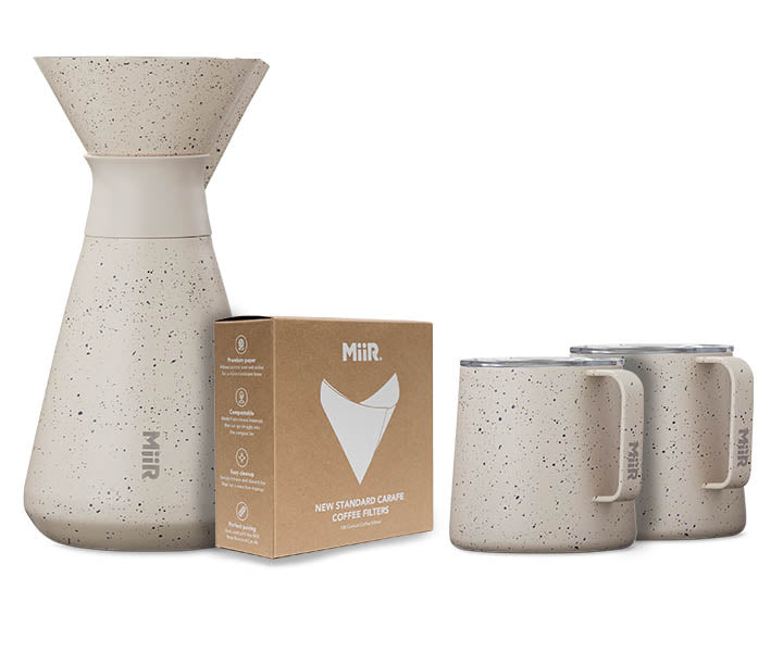 A bundle of 4 products, including a MiiR Carafe, Filters and 2 Grounded Camp Cups