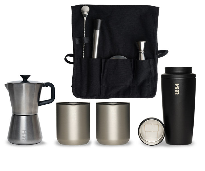 A bundle of 5 products, including a MiiR Moka Pot, Cocktail Shaker Set, Barware Tool Kit and Climate+ Tumbler