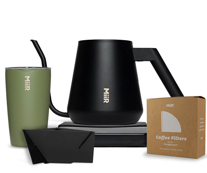 A bundle of 4 products, including a MiiR Tumbler, Pour-over Kettle, Coffee Filters and Pourigami