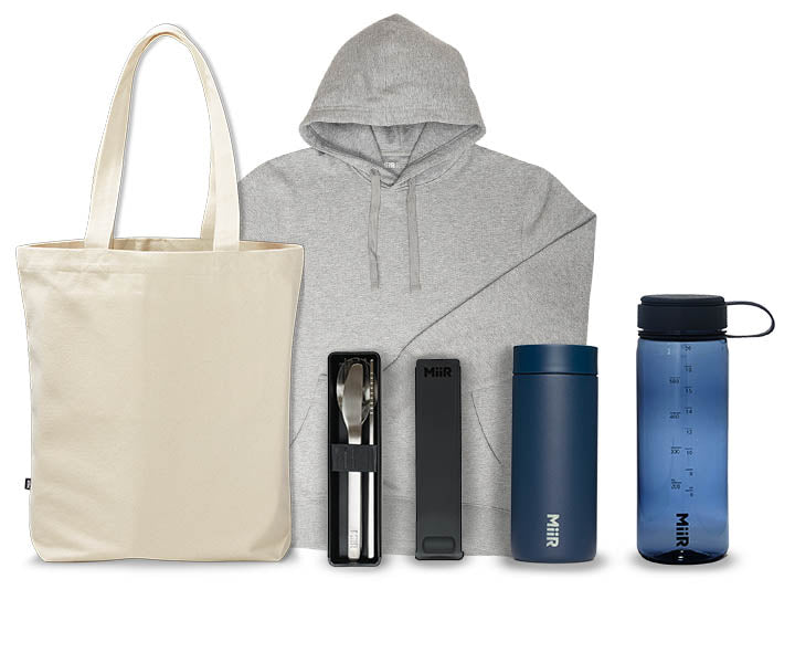A bundle of 5 products, including a MiiR Canvas Tote, Everyday Hoodie, Utensil Set, 360 Traveler and Everywhere Bottle