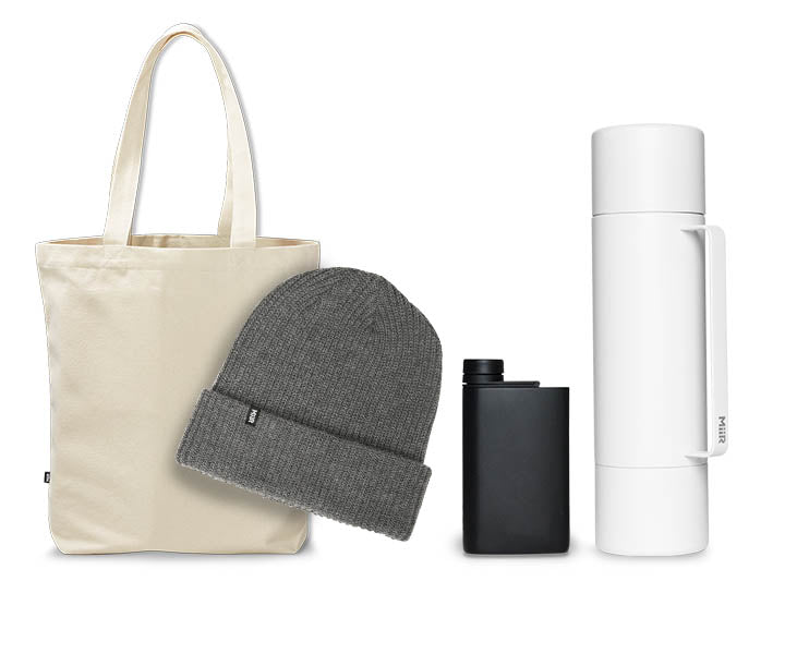 A bundle of 4 products, including a MiiR Canvas Tote, Beanie, Aero Flask and Tomo