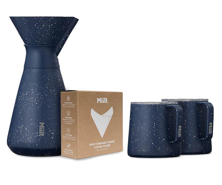 A bundle of 4 products, including a MiiR Carafe, Filters and 2 Grounded Camp Cups