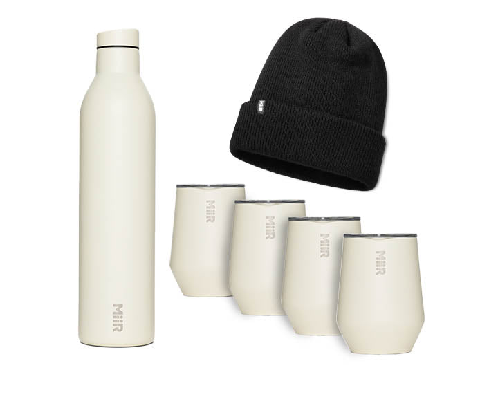 A bundle of 4 products, including a MiiR Wine Bottle, 4 Wine Tumblers and Beanie